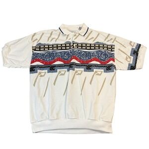 Vintage 90s Hukapoo Mens M White Abstract Geometric Print Short Sleeve Polo